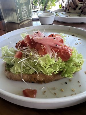 Avocado Toast with homemade bread   at Herbivoro in Cancun