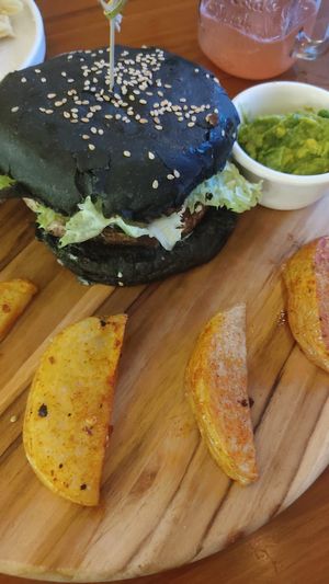 Beyond burger with carbonbread  at Herbivoro in Cancun