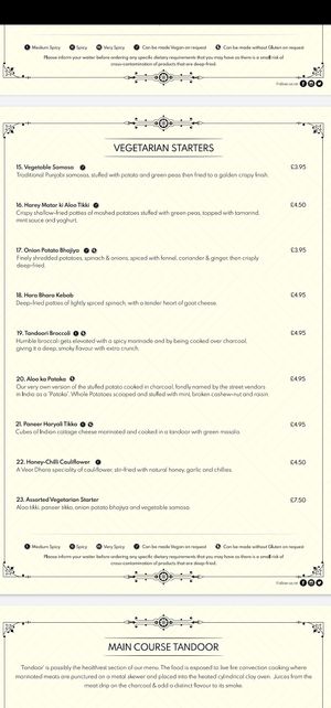 Starters menu with vegan and gf labels at Veer Dhara One in St Albans