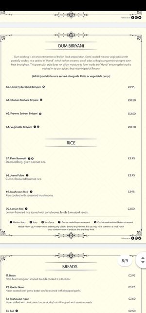 Rice menu with vegan and gf labels at Veer Dhara One in St Albans