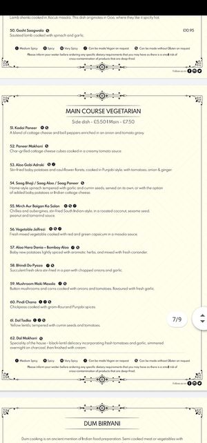 Sides and mains menu with vegan and gf labels at Veer Dhara One in St Albans