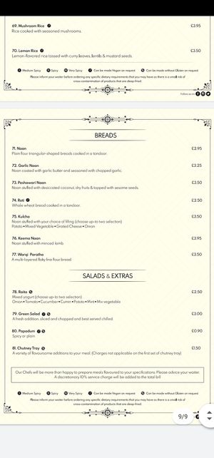 Bread menu with vegan and gf labels at Veer Dhara One in St Albans