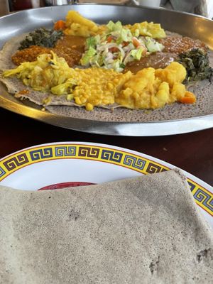 Lots of injera with veggie combo  at Enat Ethiopian in Seattle