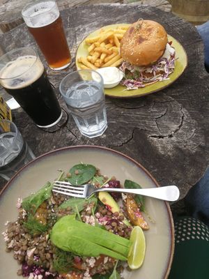 Lentil salad and burger at Forrest Brewing Company in Forrest