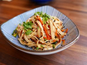 This starter consists of dry tofu slices with celery, carrot, sesame and a homemade sauce... at Bund 39 in Zurich
