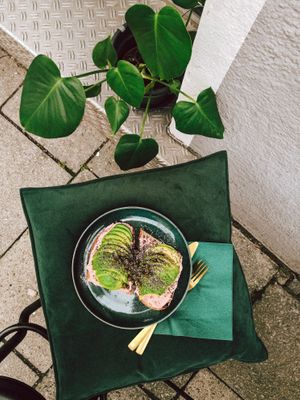 Avocado toast on beetroot hummus at Storm in a Coffee Pot in Munich