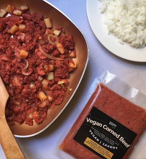 Vutcher makes their corned beef using soy meat and they got the texture on point! It’s ready-to-eat so you can just reheat it in the microwave or pan.  at The Vutcher in Mandaluyong