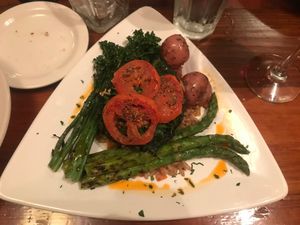 Chef’s Choice vegan plate with farro and roasted vegetables at Venetian Hot Plate in Port Aransas