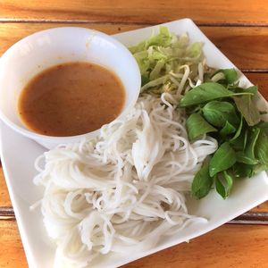 Thai rice noodles with curry at Soya Home - บ้านถั่วเหลือง in Nakhon Ratchasima