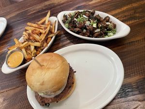 Vegan burger, fries and broccoli   at backcountry in Bozeman