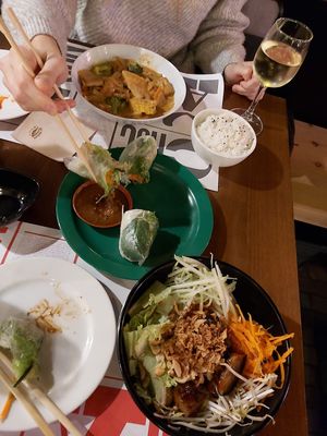 Vegan curry, algae summer rolls and salad at Mon Viet in Barcelona