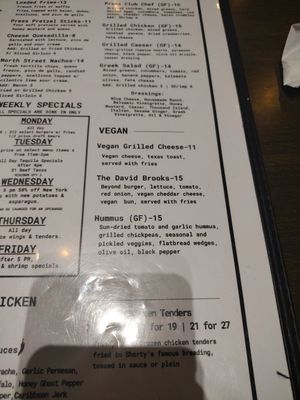 Current vegan menu 5/2024 at North Street Press Club in Farmville
