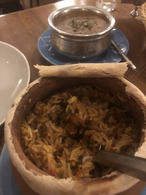 Vegetable biryani with dal in background  at Babooji in Jakarta