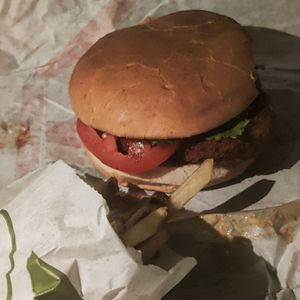 Authentic fast food quality picture / 'chicken' sandwich at Plant Power Fast Food in Riverside