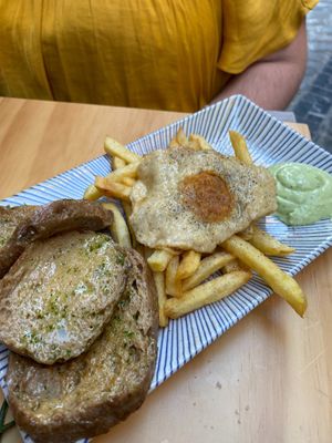 Plato del día, seitán con “huevo” y patatas at La Vegana Taperia in Malaga