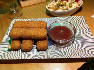 Palitos de queso con mermelada de tomate  at La Vegana Taperia in Malaga