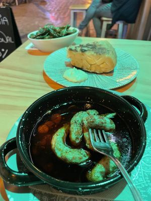 Padron peppers, tortilla and gambas pil pil  at La Vegana Taperia in Malaga