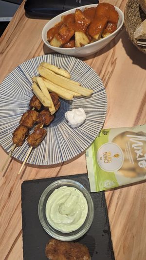 Pincho moruno and a bit of a croqueta of the day, the tapa size had 2 delicious croquetas at La Vegana Taperia in Malaga