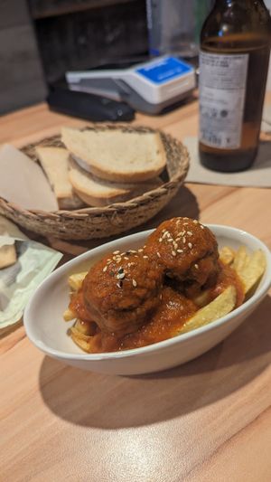 Meatballs in tomato sauce - tapa size at La Vegana Taperia in Malaga