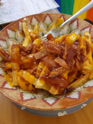 Cheesy fries comes with bacon bits not listed on menu at La Vegana Taperia in Malaga