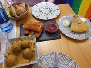 Meatballs comes with gravy and fries though not mentioned on menu

Cheese sticks
Tortilla  at La Vegana Taperia in Malaga