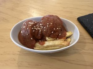 “meat” balls with tomato saucee  at La Vegana Taperia in Malaga