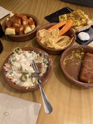 russian salad, cheese sticks, humus, tortillaas  at La Vegana Taperia in Malaga