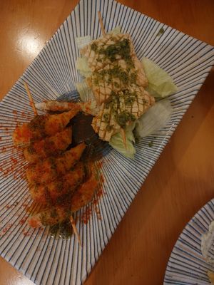 Pintxo de gambas (vegan prawn skewers) & pintxo de sepia (vegan cuttlefish pintxo) at La Vegana Taperia in Malaga