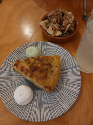 Tortilla de patatas (spanish potato omelette) & berenjenas fritas con miel de caña (fried aubergine with cane honey) at La Vegana Taperia in Malaga