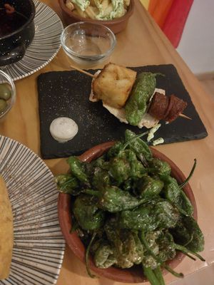 Fried padron peppers and andalusian skewer at La Vegana Taperia in Malaga