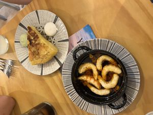 Gambas al pil pil and tortilla   at La Vegana Taperia in Malaga