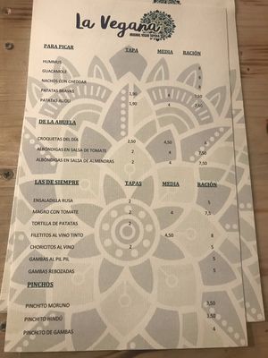 Food menu  at La Vegana Taperia in Malaga