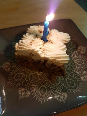 Tarta de zanahoria - good carrot cake with candle - because of my birthday :) at La Vegana Taperia in Malaga