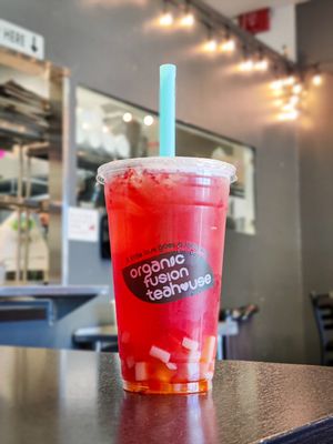 Strawberry passion fruit with rainbow (coconut) jelly at Organic Fusion Teahouse in Apple Valley