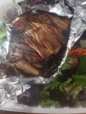 Grilled Enoki salad is amazing, has fresh dates avocado,mixed greens, grape tomatoes and house made dressing. THIS salad is ONLY served at the Apple Valley location at Organic Fusion Teahouse in Apple Valley