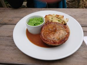 Pie, bubble and squeak and mushy peas 😊 at Plantside in Wellington