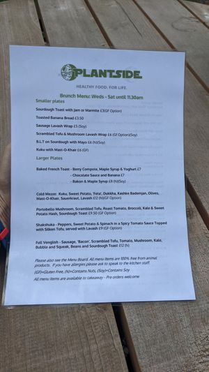 Menu at Plantside in Wellington
