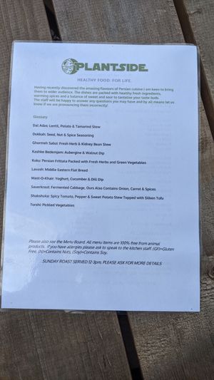 Menu at Plantside in Wellington