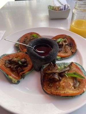 Vegan Dish (Tostadas w/Grilled Veggies on Avocado)  at Mumedi in Mexico City