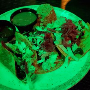 3x mushroom tacos with beans and rice. at Carlos 'N Charlie's in Las Vegas