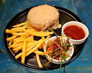 Vegan burger (no bun per my request). at Huvan Beach Resort in Male