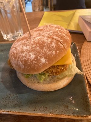 Zeitgeist burger - the sauce was very tasty and the ‘chicken’ patty was great.  at Hans im Glück in Basel