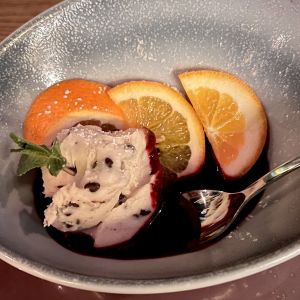 Lausbub (cookie dough with berry sauce)  at Hans im Glück in Basel