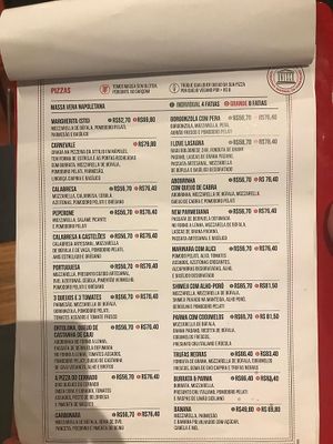 Pizza menu at Casa Baco in Brasilia