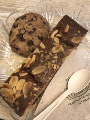 Vegan frangipane cake and chocolate chip cookie  at Liberty in Trieste