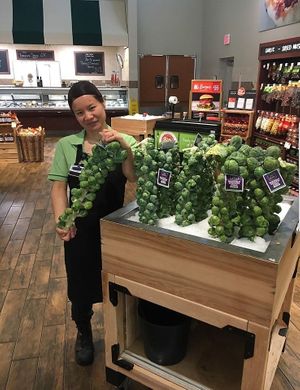 employee showing stalks of brussel sprouts at The Fresh Market in Melbourne