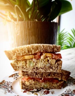 Amazing chickpea and tahini salad sandwich, with celery, onion, sunflower seeds, tahini and a little bit of shawarma spice. Summery, crunchy and refreshing! at Baskervilles in Bury St Edmunds