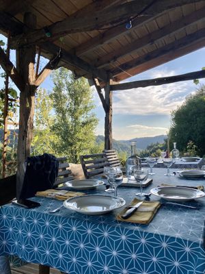 Lovely dinners on the porch with an amazing view at La Vie au Grand Vert in Saint-andre-de-najac
