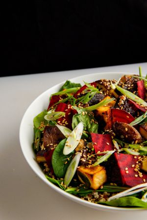 Mushroom and Tofu Salad at Lucky You Plant Based Pizza in Los Angeles