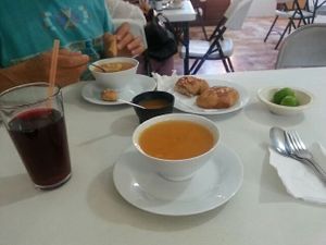 Veggie soup with house made bread, refreshing cold hibiscus tea at Kammi in Matamoros